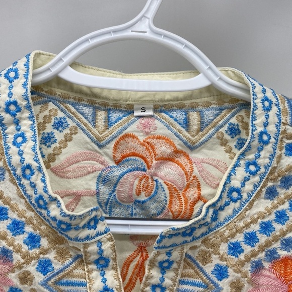 Ivory Cotton Floral Embroidered Long Sleeve Summer Top Johnny was vibes bohemian - Picture 2 of 8